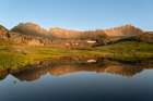 USA-Colorado-Uncompahgre National Forest Three Needles mountains reflect in mountain pond Art Print